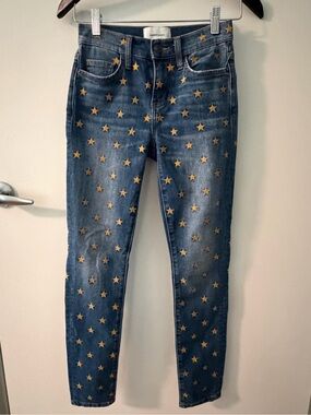 Current/Elliott Blue Denim Skinny Jeans with embroidered Gold Stars size 23